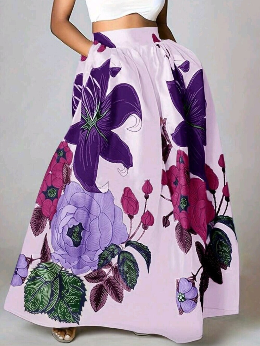 Spring/SummerArtistic Floral Print Skirt, Light Purple Satin High-Waist Flared